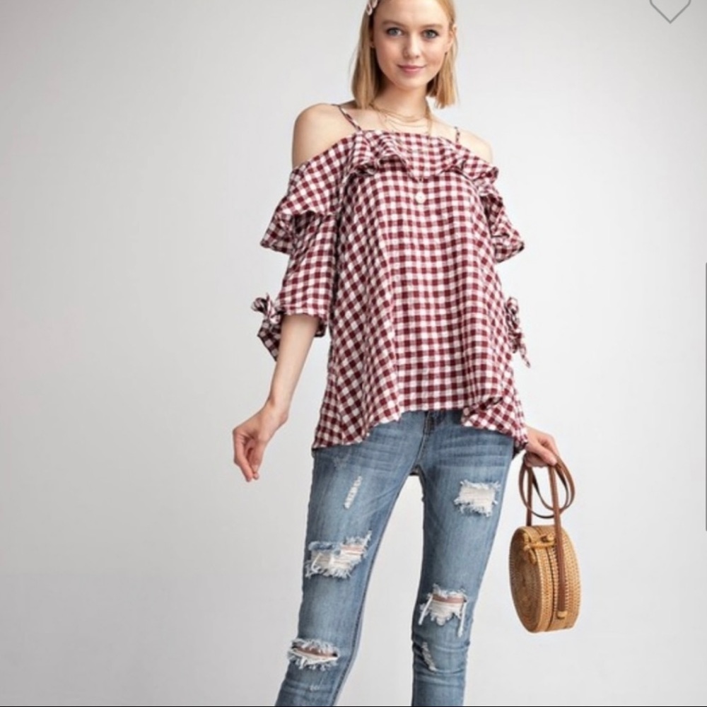 Gingham  Ruffle Blouse Top - Picture 3 of 10